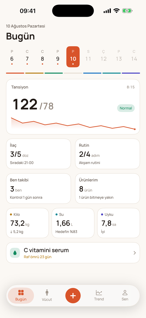 BodyBook Bugün ekranı