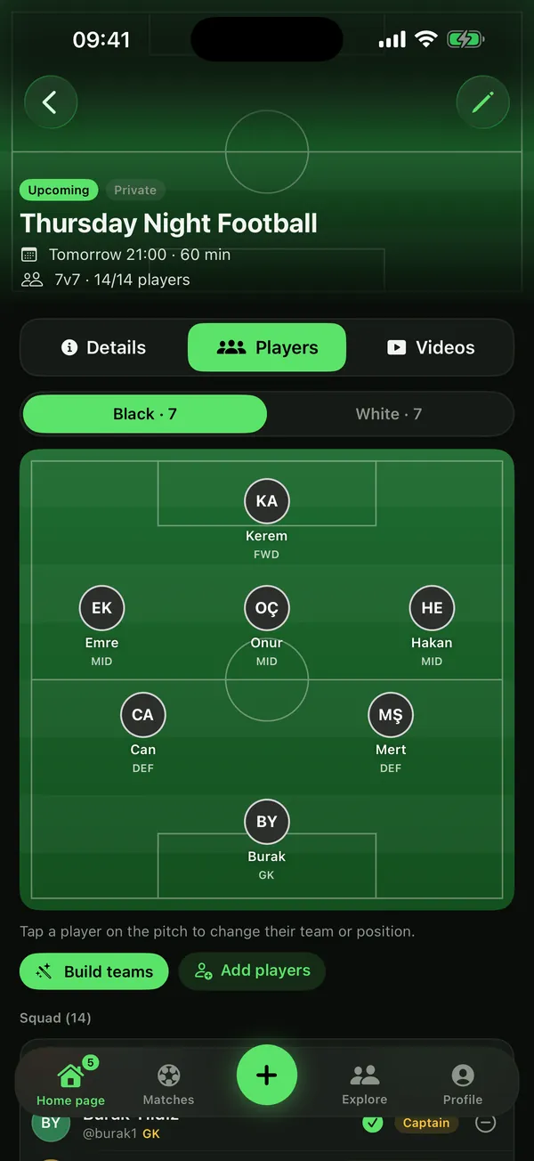 Lineup on the pitch