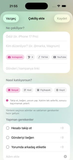 Çekiliş ekleme formu ve katılım yöntemi seçimi