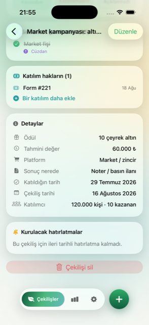 Çekiliş detayı ve katılım kaydı
