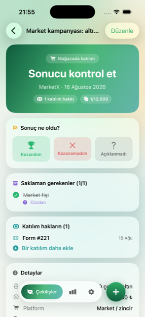 Sonuç işaretleme ekranı